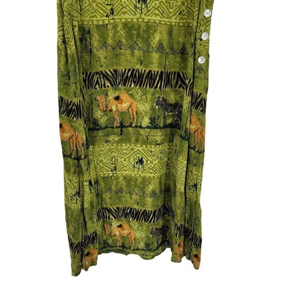Vintage 80's La Cera Dress Rayon Scoop Button Shift Midi Safari Animals Green XL - Picture 9 of 15